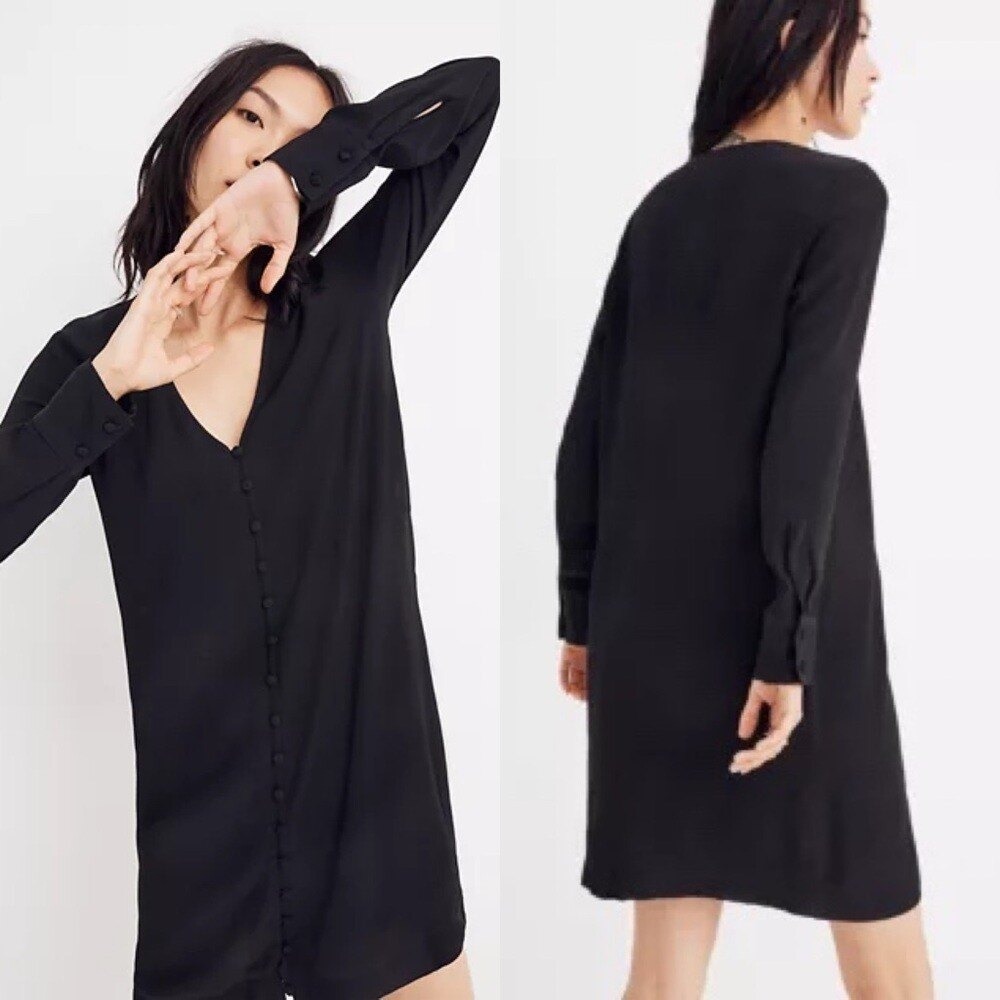 Madewell Midi Black Long-Sleeve Button-Front Shirt Dress Size Medium